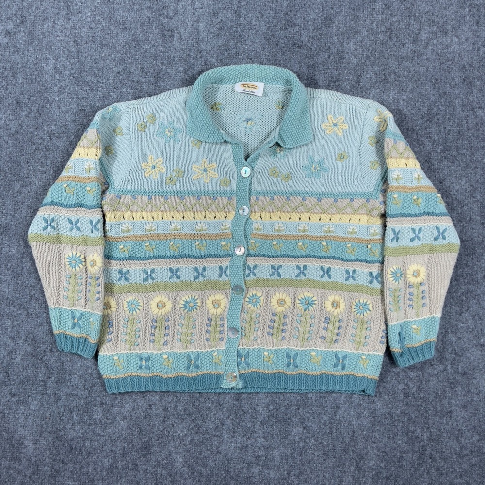 Vtg Talbots Cardigan Women Medium Blue Floral Hand Knit Embroidered Button Up